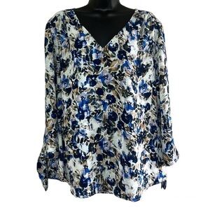 Combo Blue/Cream Floral 3/4 Sleeve V-Neck Collar Blouse